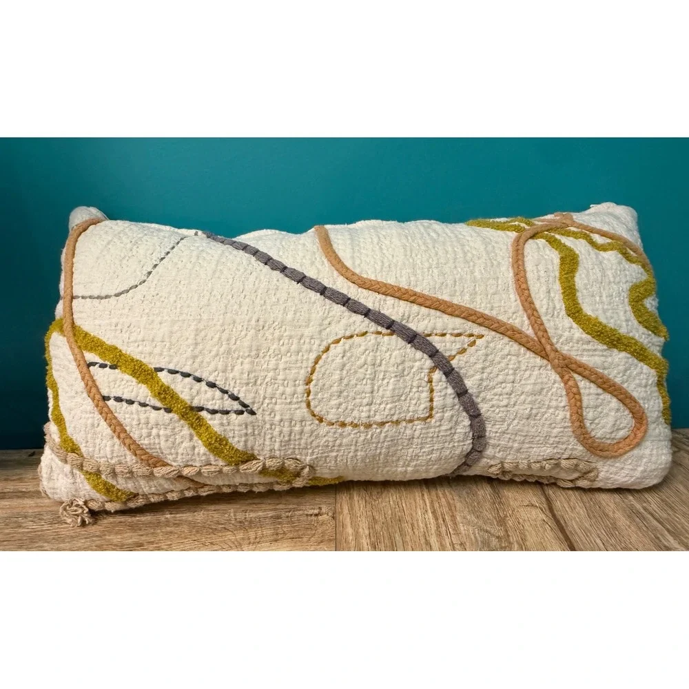 Decorative Lumbar Pillow Neutral 22x12 Cream Abstract Tufted Boho Modern Decor